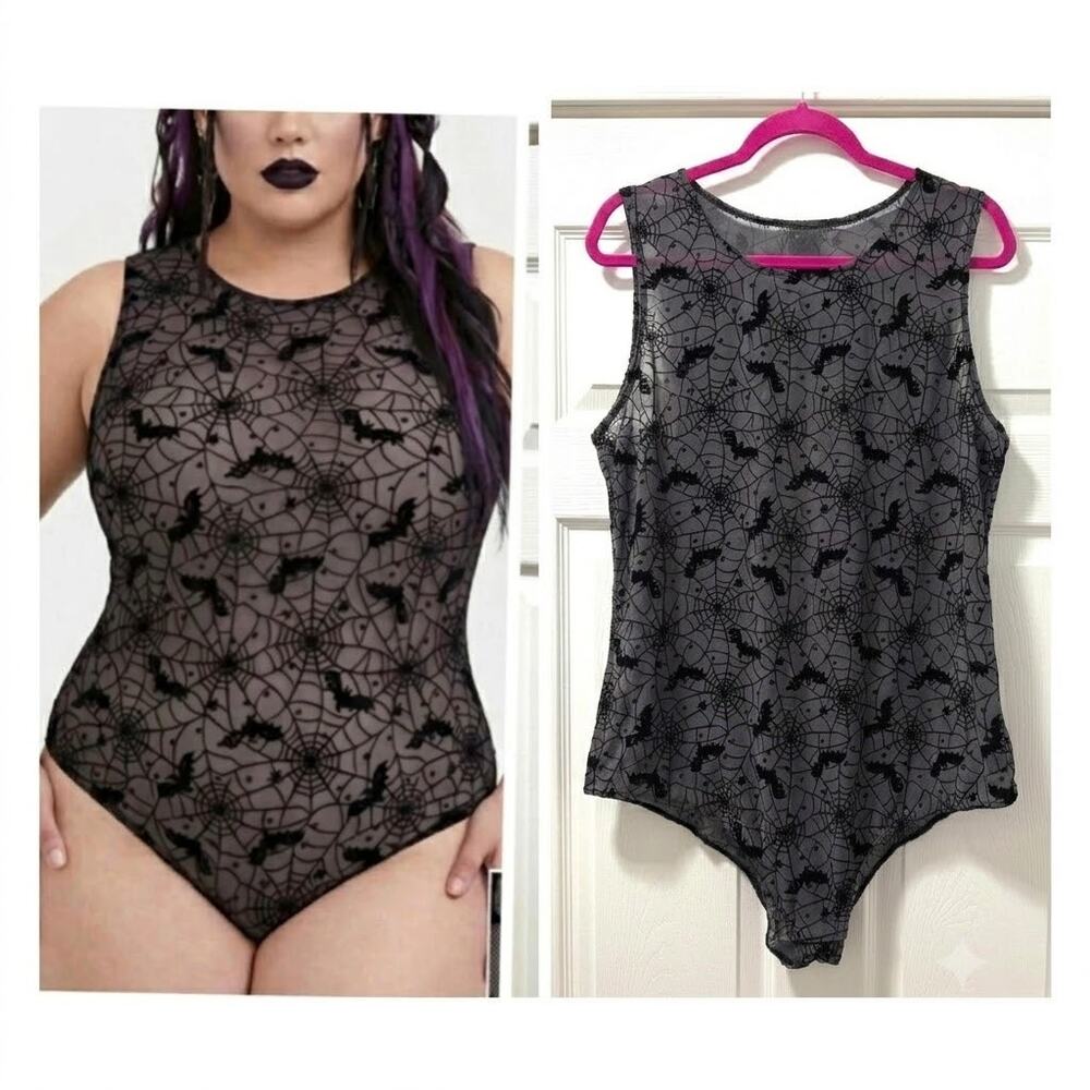 Torrid 2 (2X 18/20) Sexy Punk Gothic Tattoo Spiderweb & Bats Sheer Mesh Bodysuit